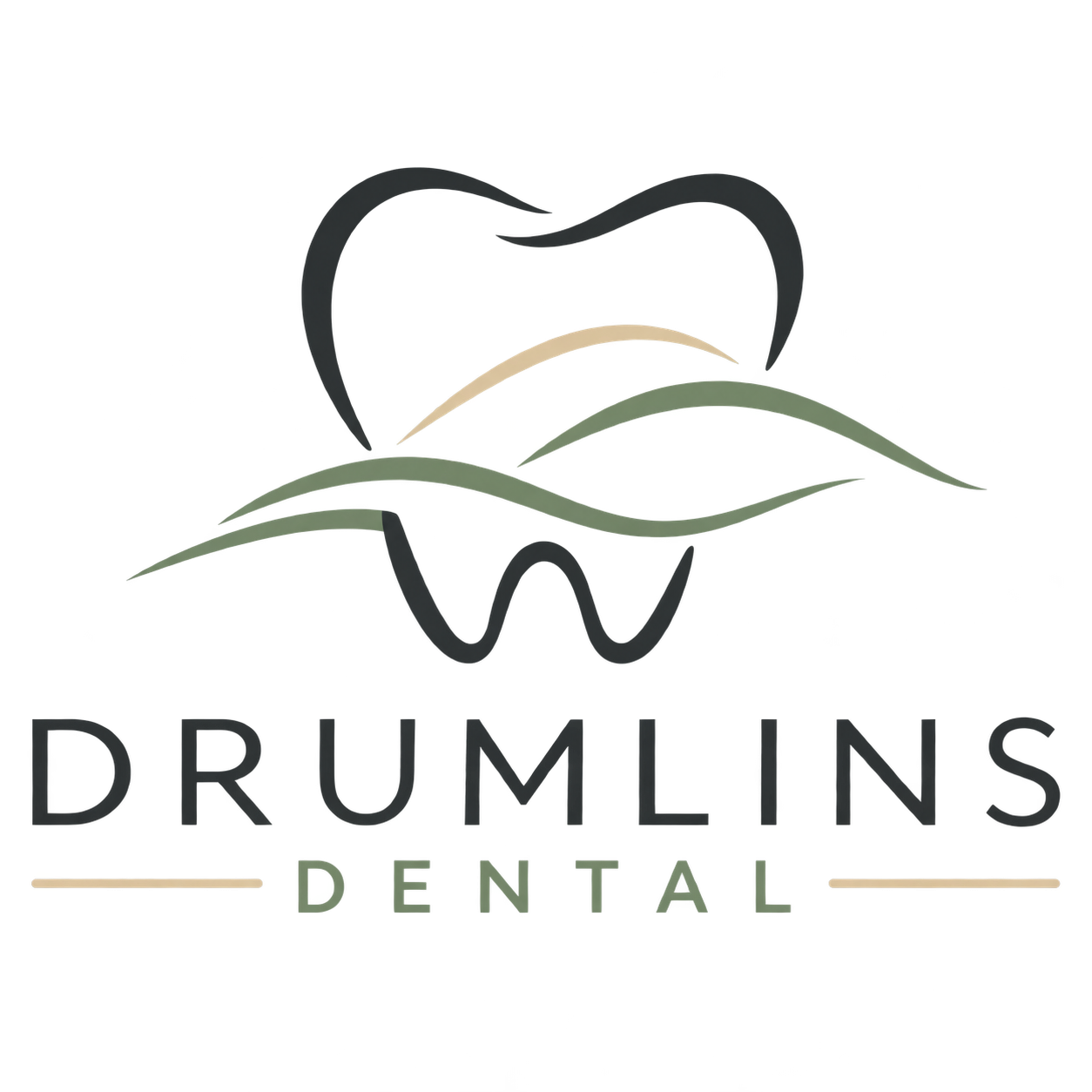 Logo for Drumlins Dental featuring a stylized tooth with green, beige, and black swooshes and the text "DRUMLINS DENTAL" underneath.