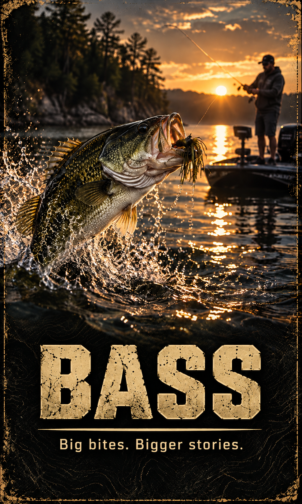 A man fishing from a boat at sunset with a large bass jump out of the water, holding a fishing lure in its mouth, with the words 'BASS' and the tagline 'Big bites. Bigger stories.' at the bottom.