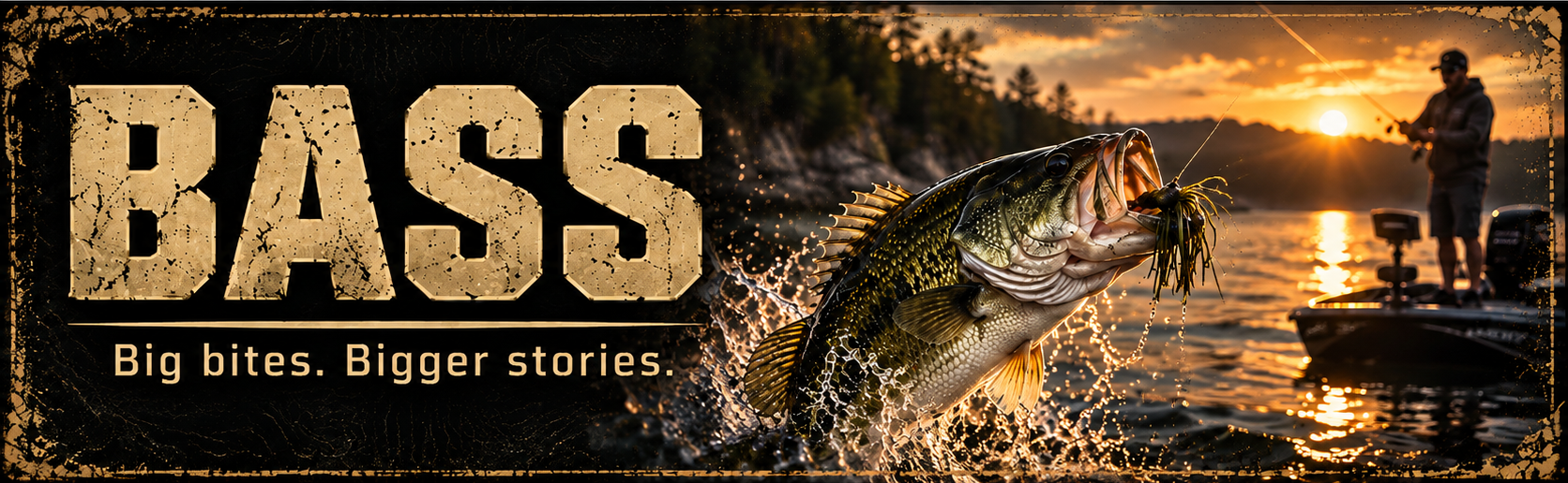 A person fishing on a boat at sunset with a fish caught, large text saying 'BASS' and a tagline 'Big bites. Bigger stories.'