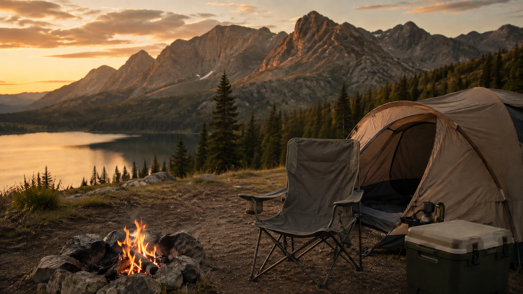 A campsite near a lake with a mountain range in the background at sunset. There is a tent, a camping chair, a campfire surrounded by rocks, and camping gear including a cooler and lanterns.