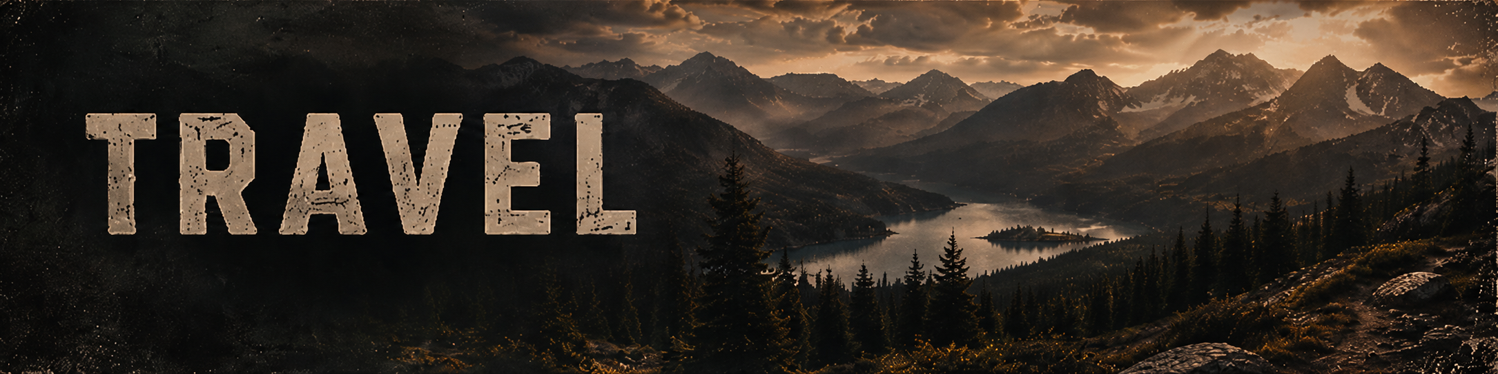 A scenic view of a mountain landscape at sunset with a lake surrounded by pine trees and rugged terrain, and the word 'TRAVEL' written in large, distressed font.