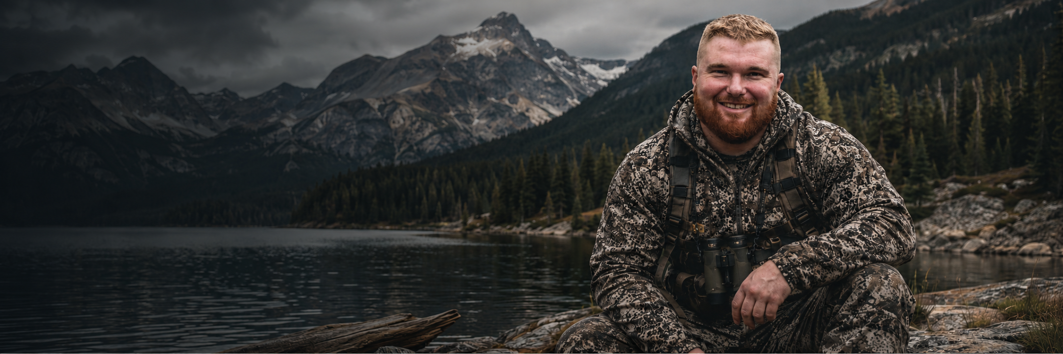 A man with a beard in camouflage clothing smiling and sitting by a lake with a mountain range and dense pine forest in the background.