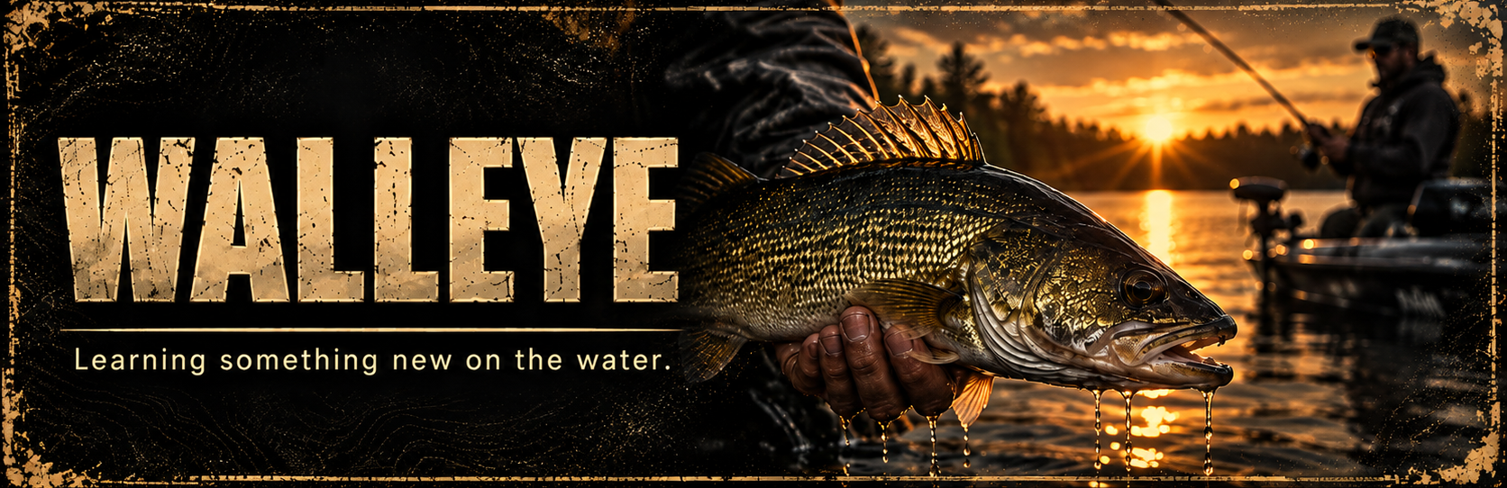 A person holding a large fish, freshly caught, at sunset over a body of water, with a person fishing in the background and a boat on the water.