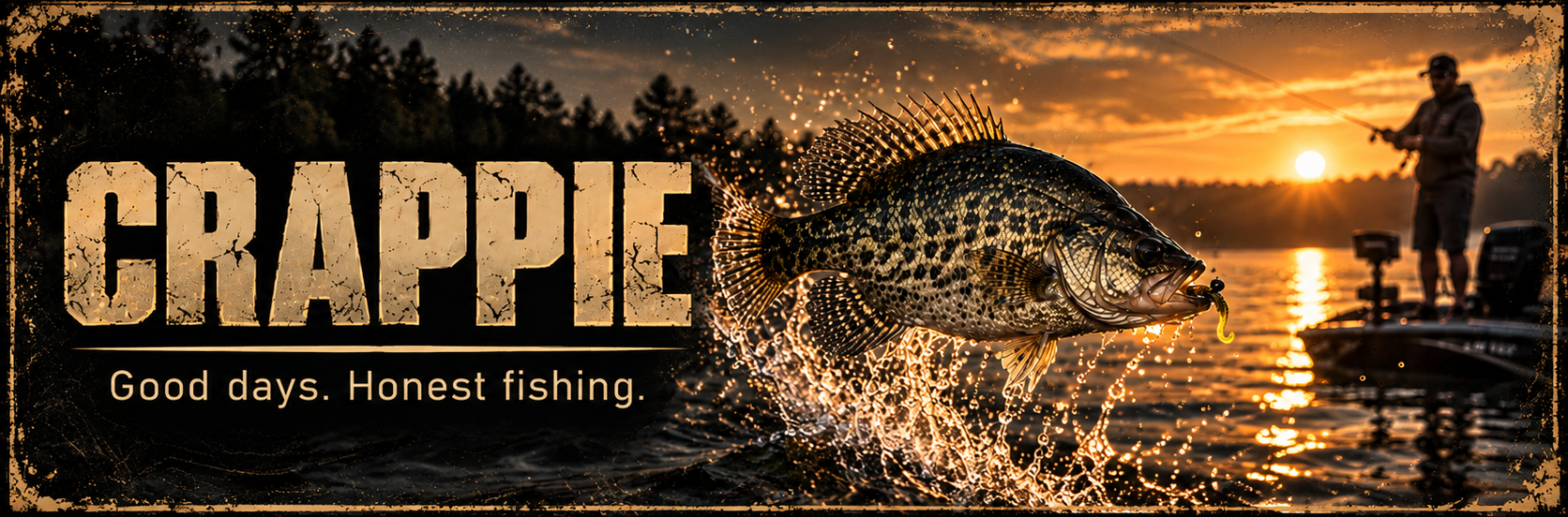 A man fishing at sunset on a lake, with a large bass jumping out of the water and a fishing lure in its mouth. The scene has a warm, orange glow and the text overlay reads 'CRAPPIE, Good days. Honest fishing.'