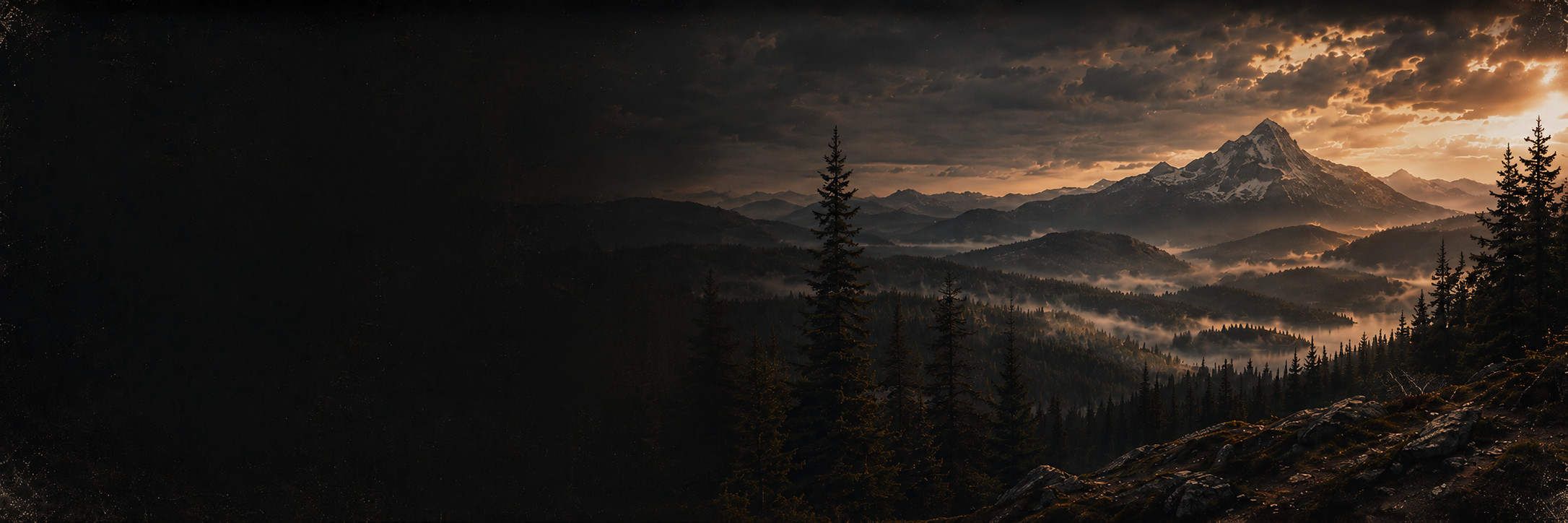 A dramatic mountain landscape at sunrise with a snow-capped mountain in the background, fog in the valleys, and tall pine trees in the foreground.
