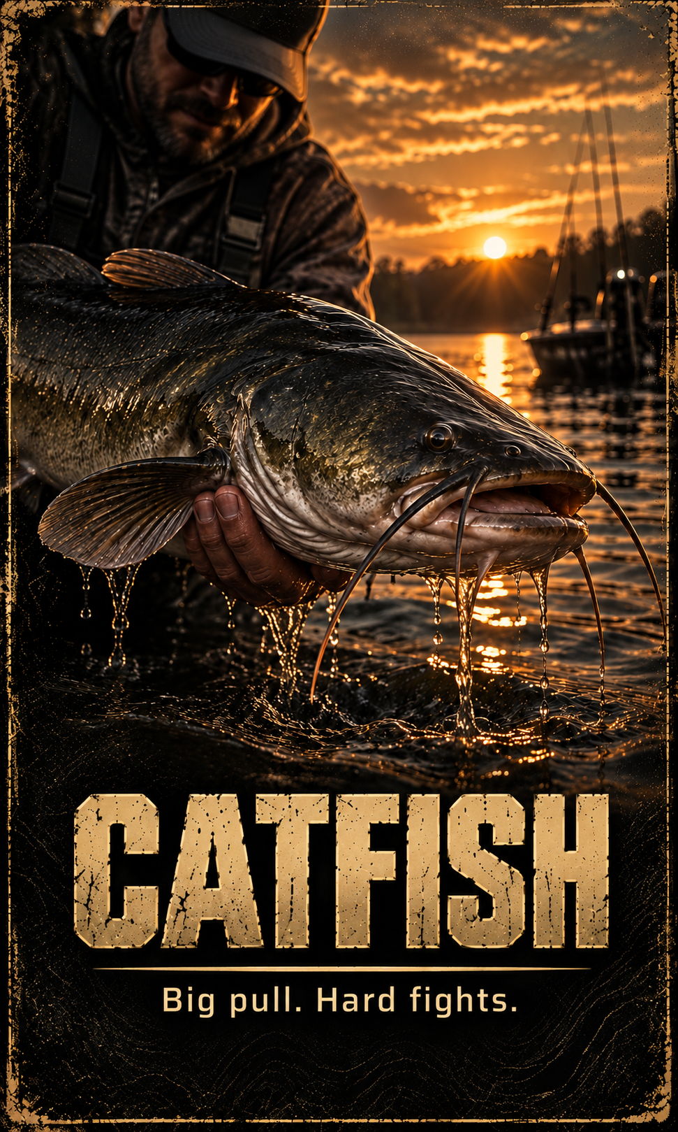 A man holding a large catfish during sunset by a lake with boats in the background, with the text 'CATCHFISH Big pull. Hard fights.' at the bottom.