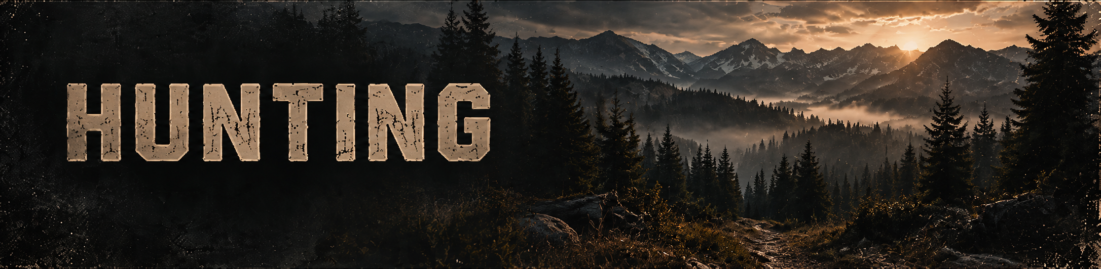 A forested mountain landscape at sunset with the text 'HUNTING' overlaid in large, weathered letters.