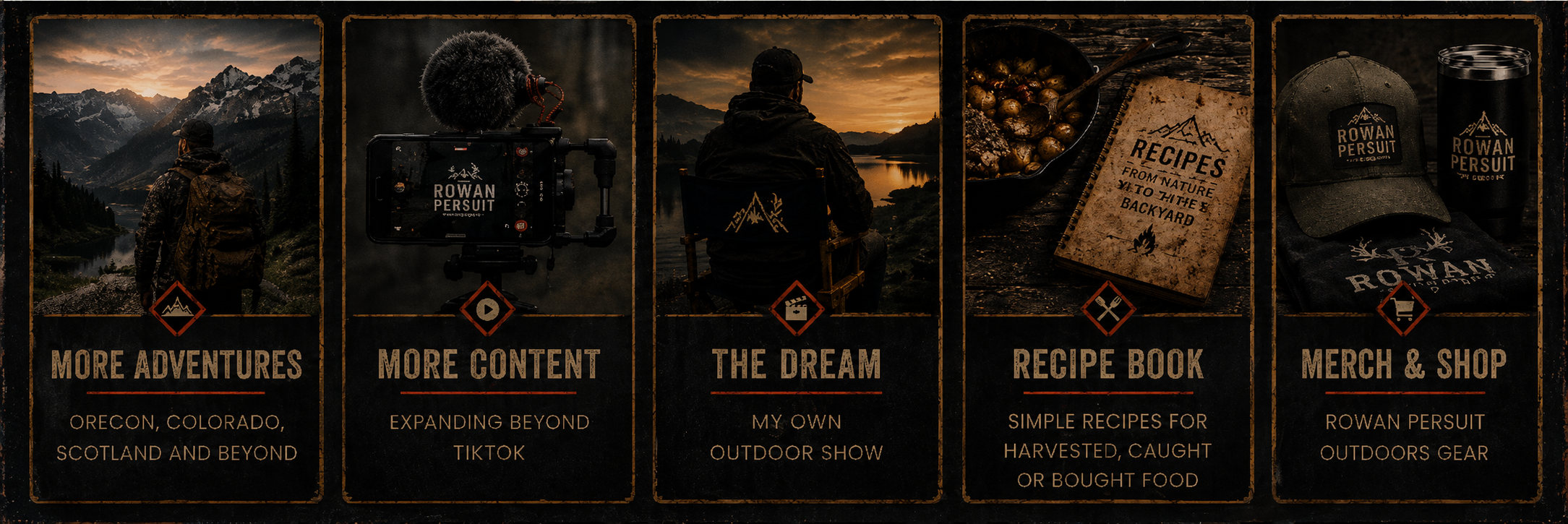 A promotional graphic for Rowan Pursuit featuring five sections with outdoor and adventure-themed images and text. The first section shows a person with a backpack overlooking mountains at sunrise. The second section displays filming equipment with a logo, emphasizing content creation. The third shows a person sitting by a lake at sunset, representing outdoor dreams. The fourth features a recipe book titled 'Recipes from Nature to Fire & Backyard' with food ingredients. The fifth shows Rowan Pursuit merchandise including a cap, tumbler, and logo gear.