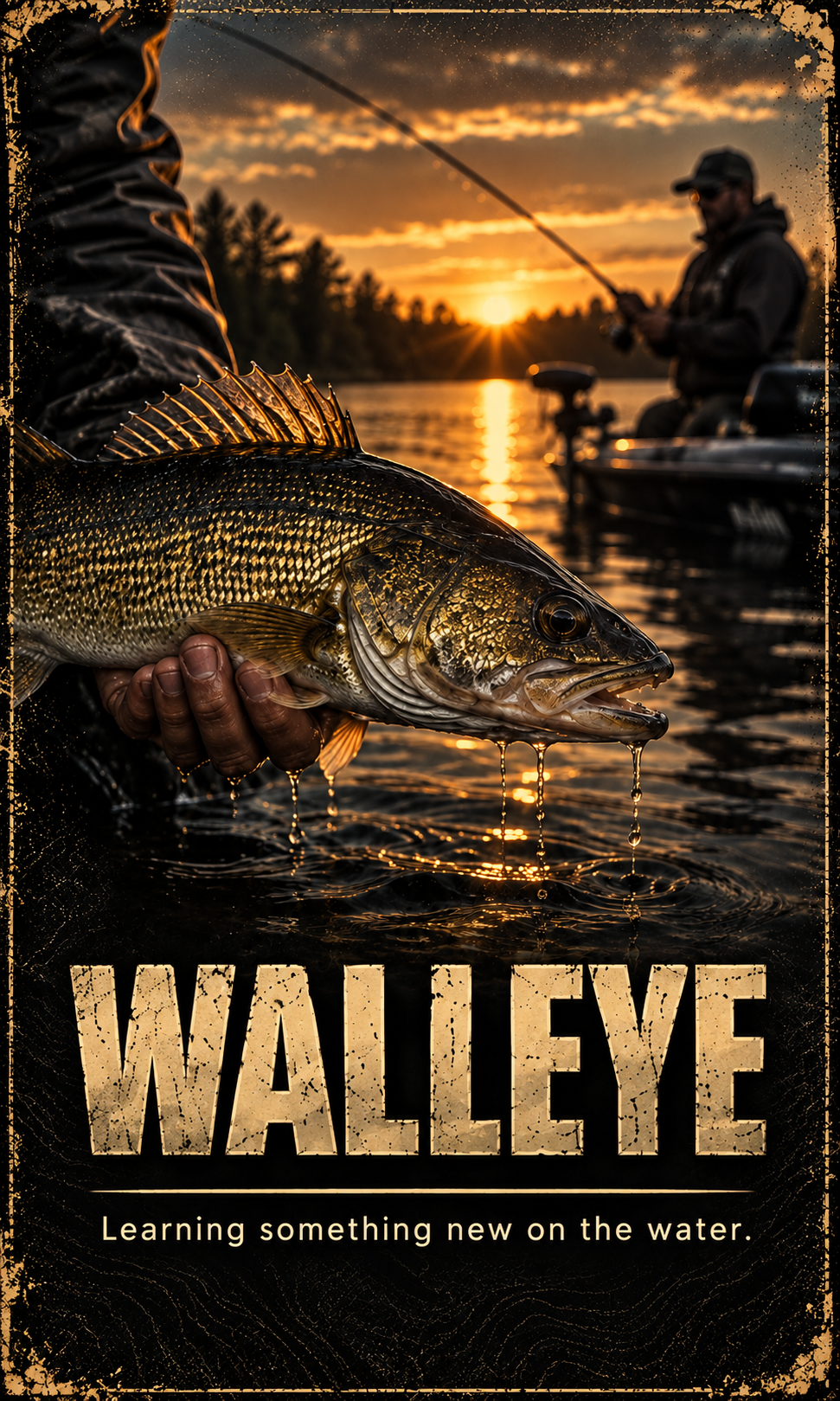 A person holding a large fish over water at sunset with a person fishing in a boat in the background.