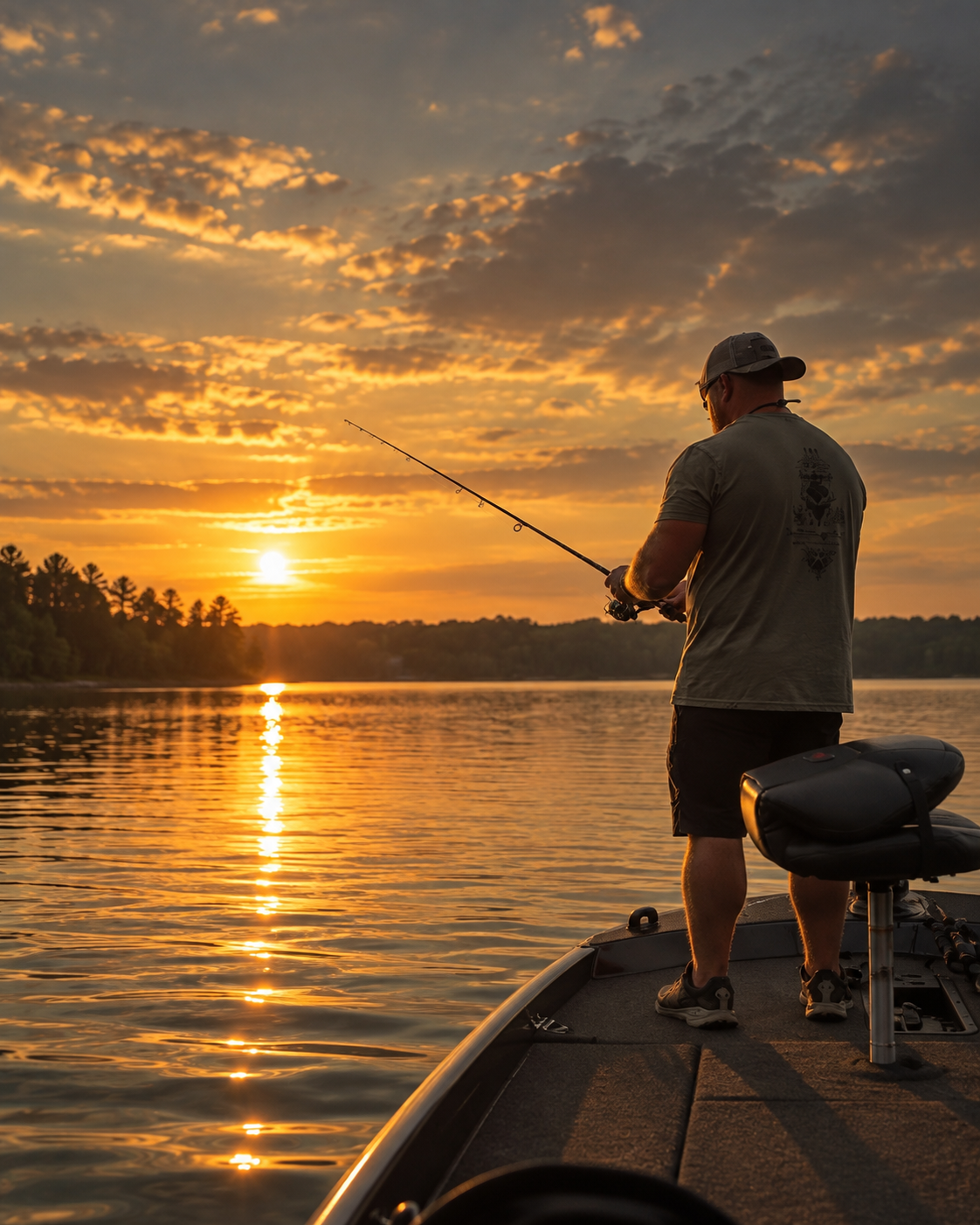 Man fishing from a boat during sunset on a calm lake.