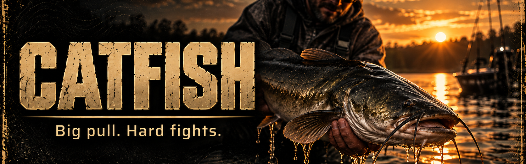 A person holds a large catfish over a body of water at sunset, with boats in the background. The scene features a sunset sky with orange hues and the text 'CATFISH Big pull. Hard fights.'