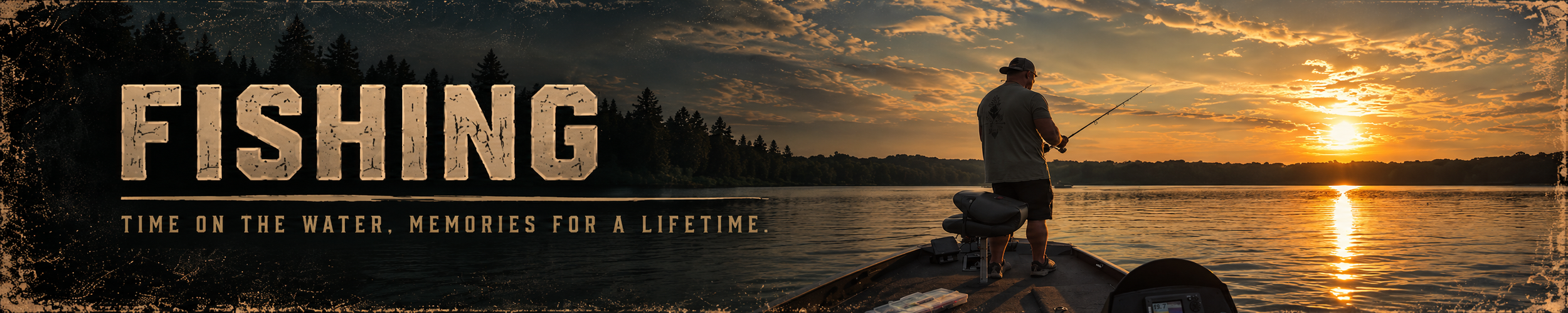 A man fishing from a boat on a river during sunset, with a forested shoreline in the background and the sky partly cloudy.