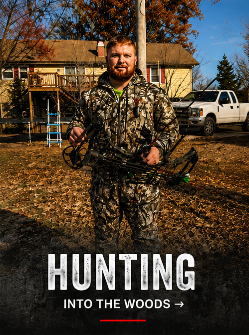 A man standing outdoors holding a compound bow, dressed in camouflage hunting gear with a residential house, trees with fall foliage, and a white pickup truck in the background.