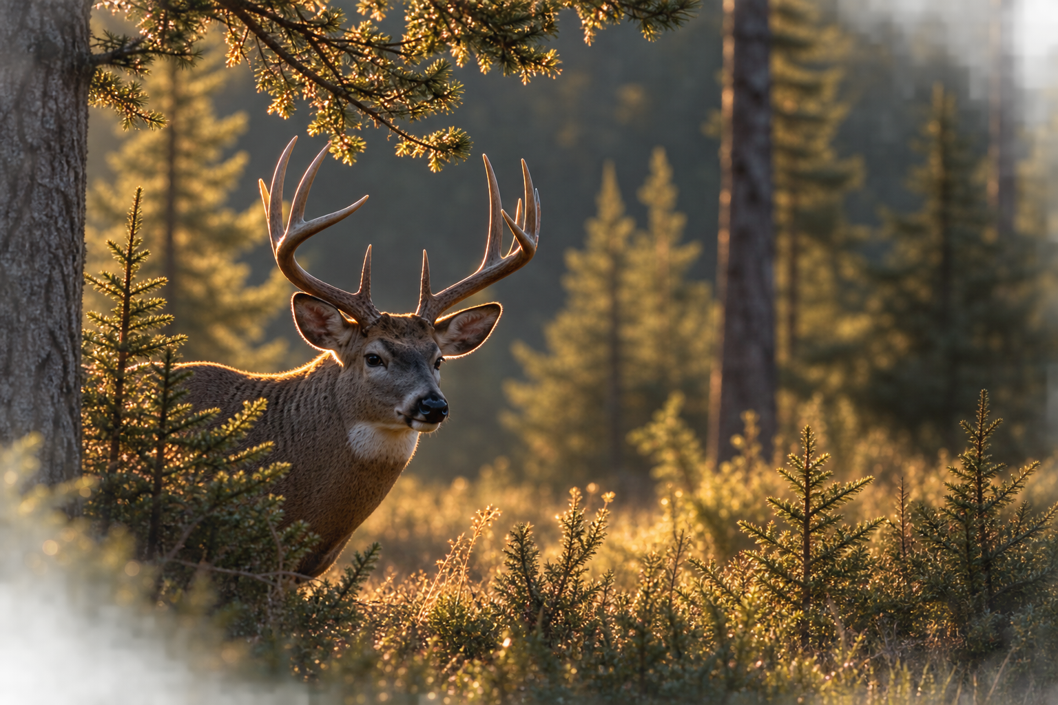 A deer with large antlers standing among pine trees in a forest during sunset.
