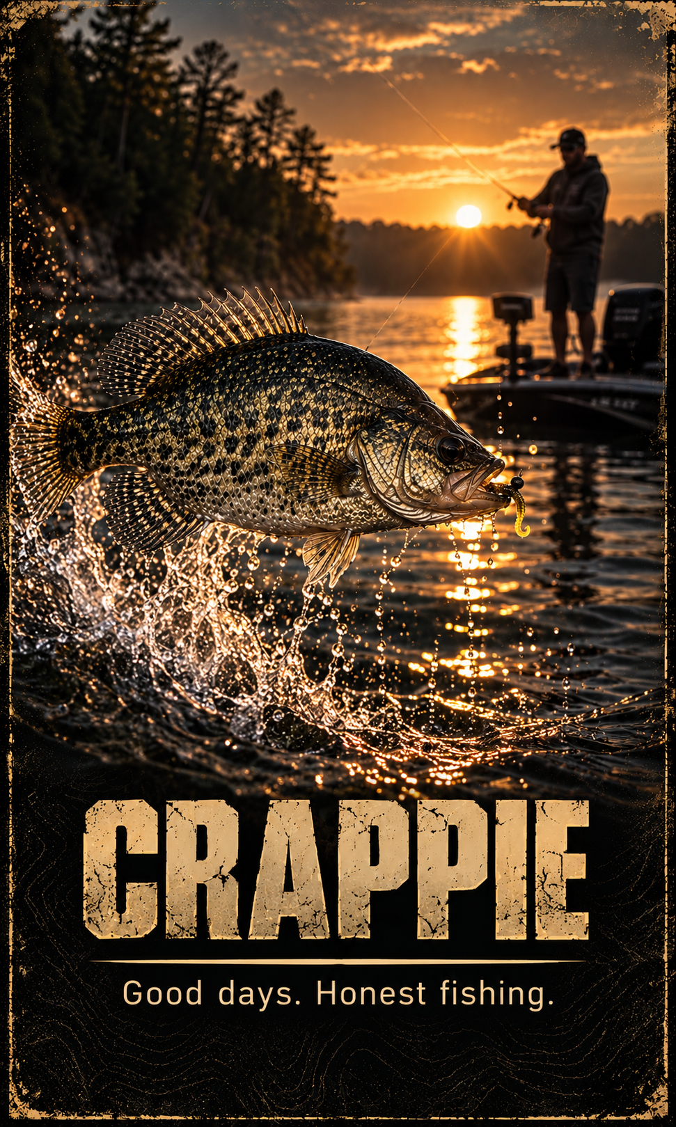 A person fishing at sunset on a boat with a large fish jumping out of the water, capturing a moment of successful fishing.