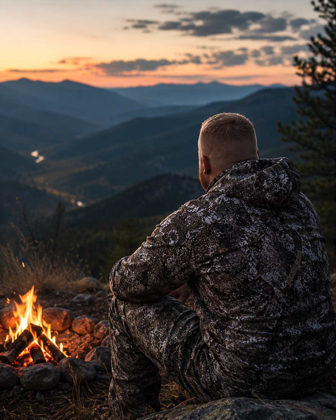 A man in camouflage sitting by a campfire on a mountain, watching a sunset over layered mountain ranges and a winding river.