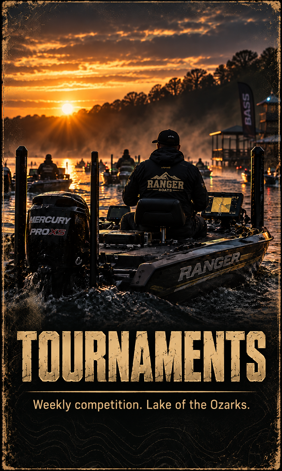 A boat on an orange-lit lake at sunset with a person on board wearing a 'RANGER BOATS' jacket, surrounded by other boats, with a wooded shoreline and a tower with a banner reading 'BASS' in the background.