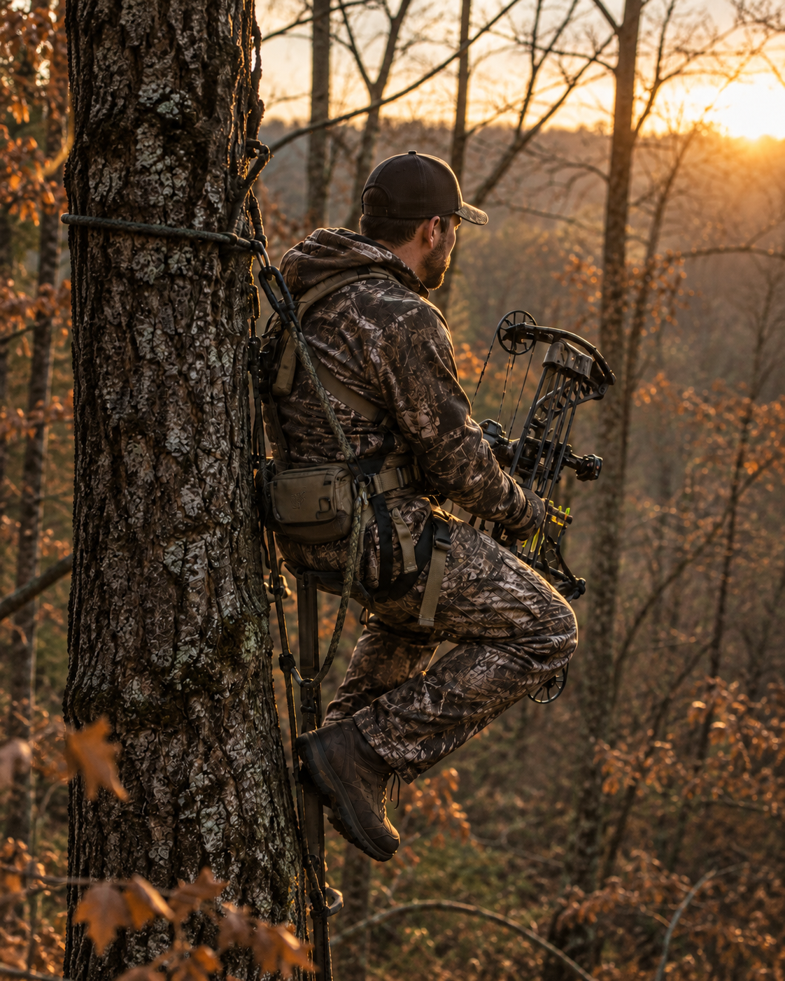 A man in camouflage clothing sitting on a tree stand with a bow in hand, looking at the sunset in a forest during autumn.