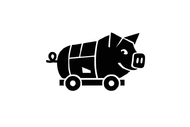 Line drawing of a cartoon pig with a rounded body, four wheels, and a smiling face, resembling a vehicle.