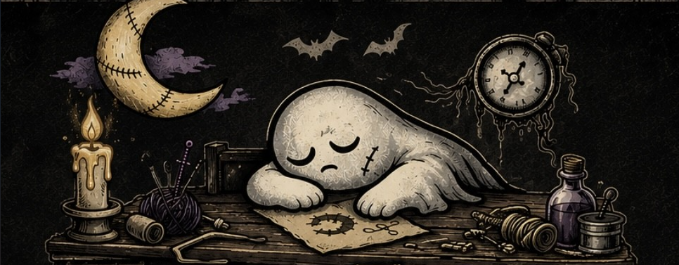 Sleepy stitched ghost resting at a cluttered workbench surrounded by art tools, bats, a crescent moon and a clock in the background.