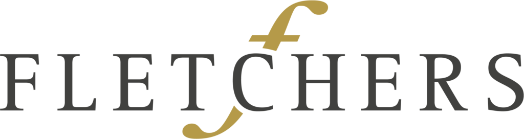 Fletchers logo with black text and a gold stylized letter 'f' in the center.
