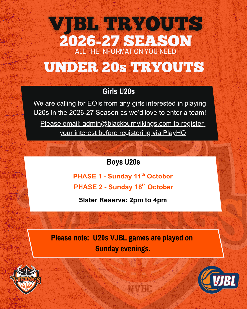 VJBL Tryouts 2026/27 season Under 20s information