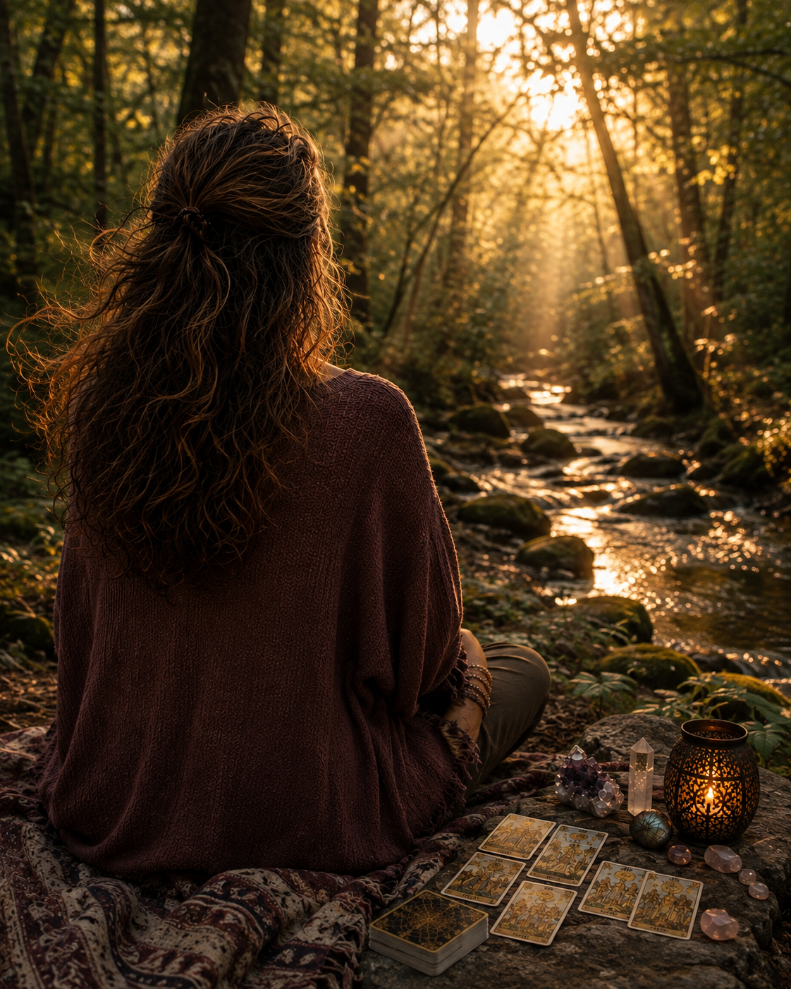 A woman with long curly hair sits on a blanket by a stream in a forest, facing away from the camera, with tarot cards laid out in front of her and a candle lantern.