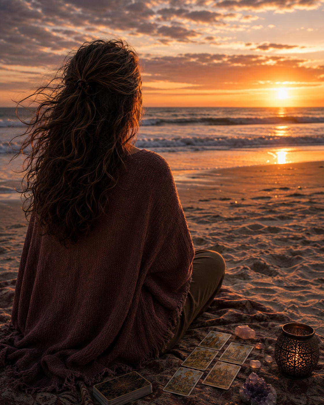 A woman with curly hair sitting on the beach during sunset, with tarot cards and crystals laid out in front of her, and a candle lantern nearby.