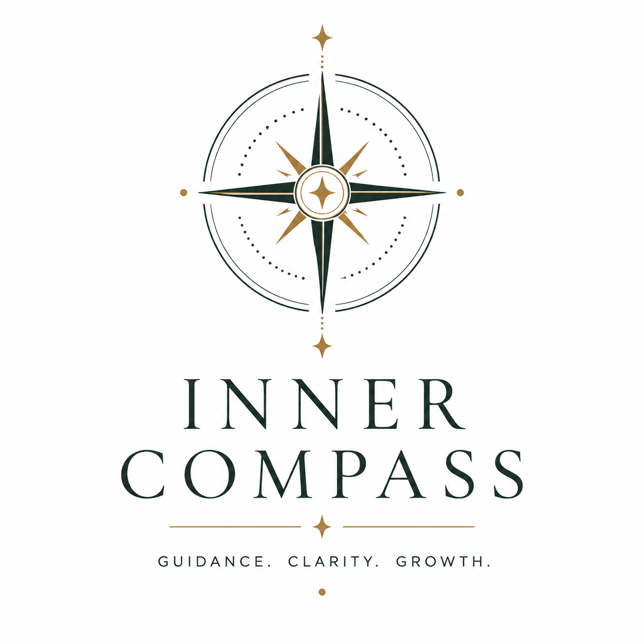 A compass rose with gold and black accents above the words "Inner Compass". Below it, the text reads "Guidance. Clarity. Growth." on a white background.