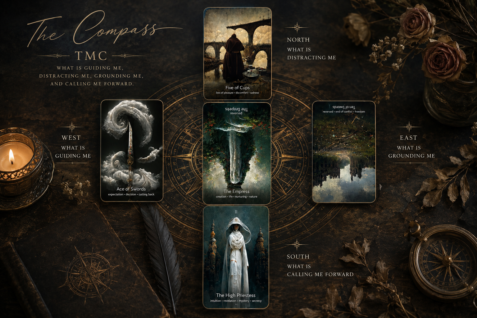 A tarot card spread called 'The Compass' on a dark, mystical background with aged flowers, candles, a feather, and an old book. The spread includes five cards labeled North, South, East, West, and the center, each with mystical artwork and descriptive words related to guidance, grounding, and creation.