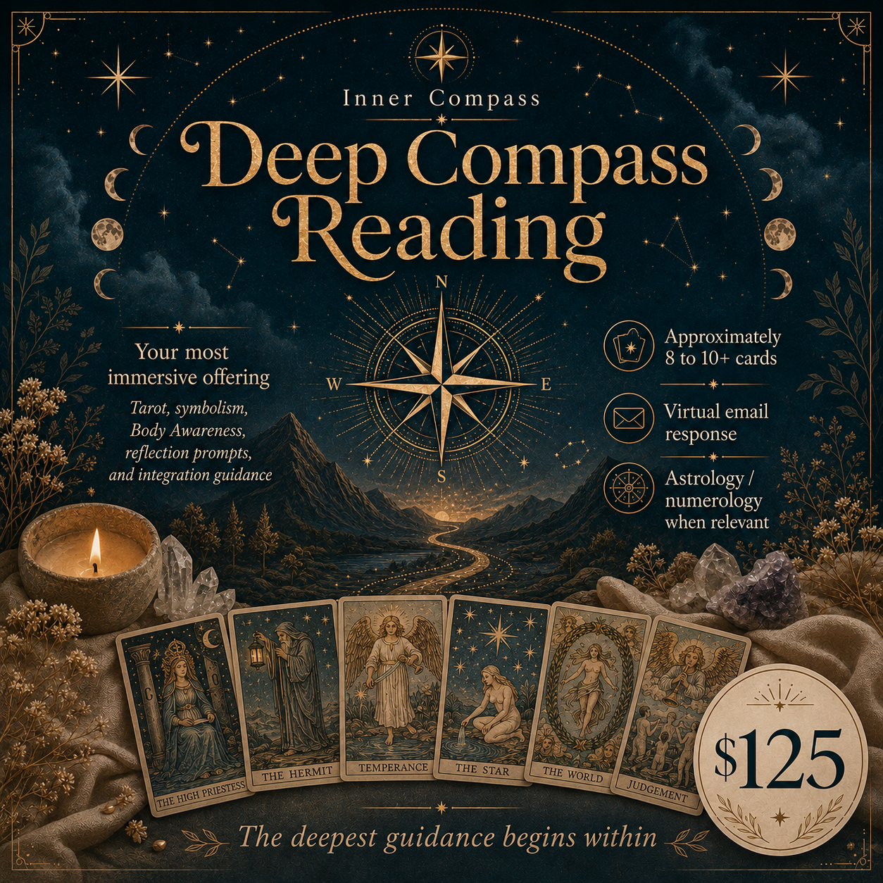 A promotional graphic for Deep Compass Reading, featuring tarot cards, a candle, crystals, and celestial imagery like the moon phases and stars, with text describing the offering and price of $125.