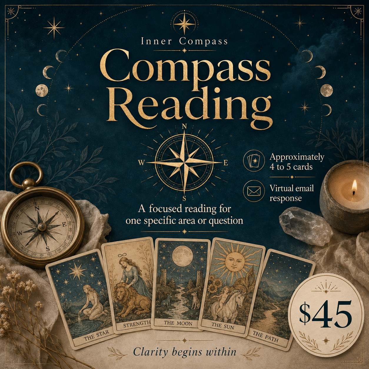 An advertisement for an Inner Compass Tarot reading service featuring celestial-themed graphics, tarot cards, a vintage compass, a lit candle, and stones. The service costs $45 and includes 4 to 5 cards with a virtual email response, focusing on one area or question.