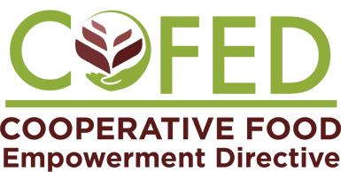 Cofed logo with a green and maroon design, featuring a leaf-like symbol and the text "COFED" and "Cooperative Food"