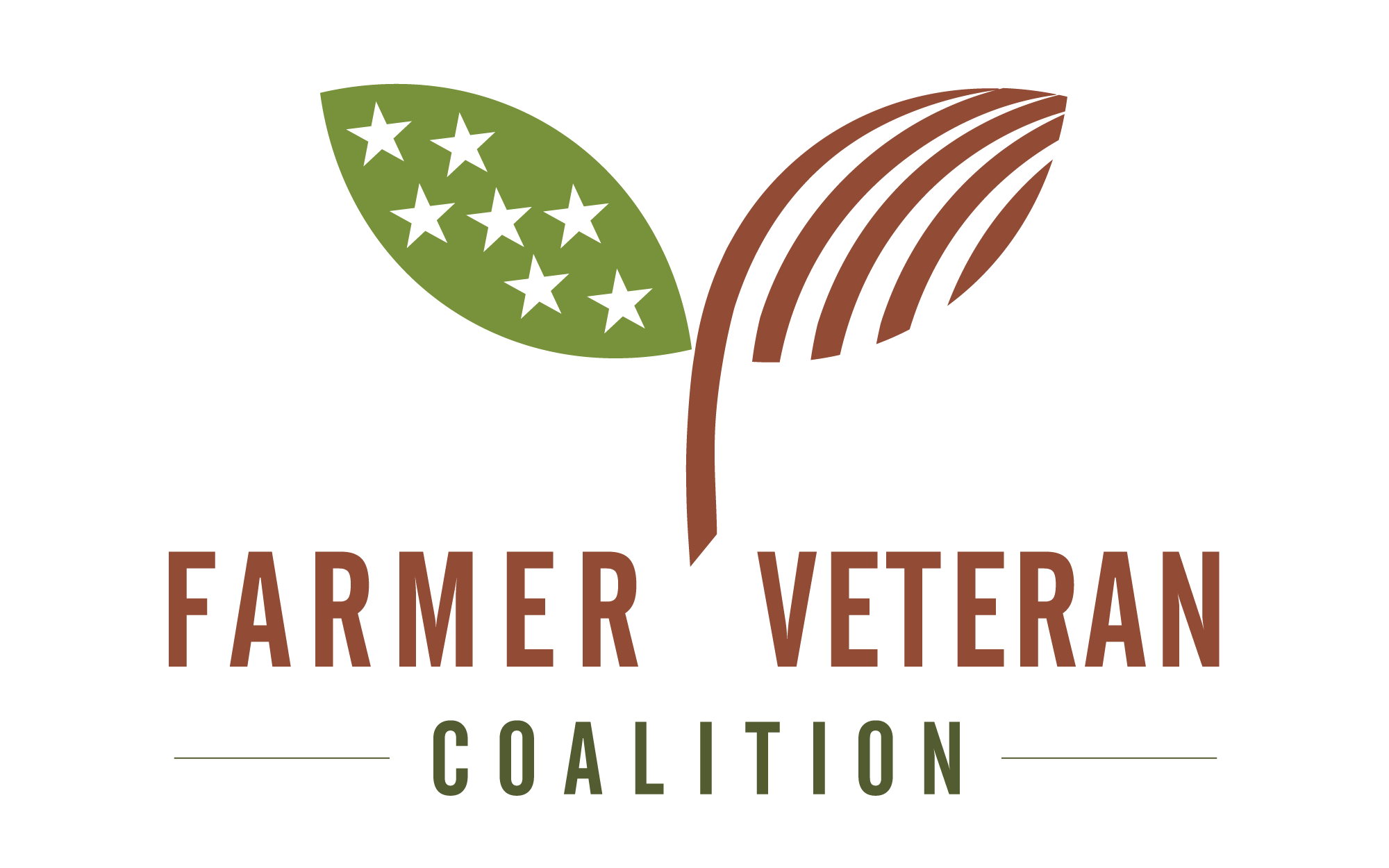 Logo with stylized green and brown abstract shapes resembling leaves or farms, with underneath the words "Farmer" and "American" in brown.