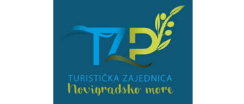 Logo of Turistička Zajednica Novigradskog mora with stylized text and graphics in blue and yellow.
