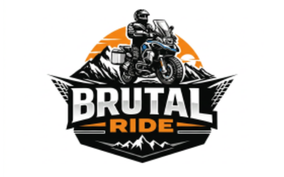 Logo of a motorcycle rider on a black and orange mountain-themed badge with the text 'Brutal Ride'.