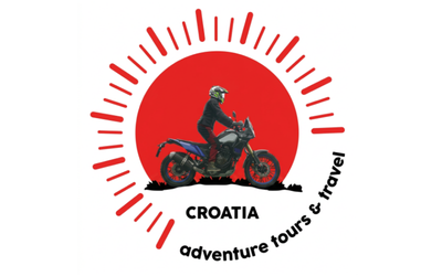 Logo for Croatia adventure tours and travel featuring a person riding a motorcycle inside a red circular border.