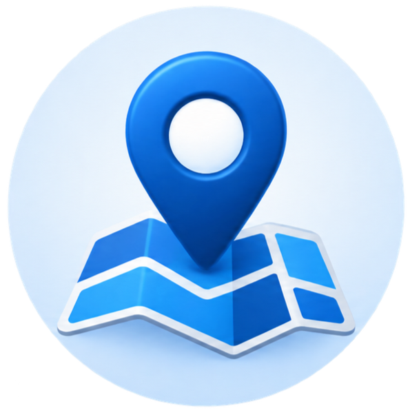 3D pictogram van een blauwe locatiepin boven een gestileerde kaart.