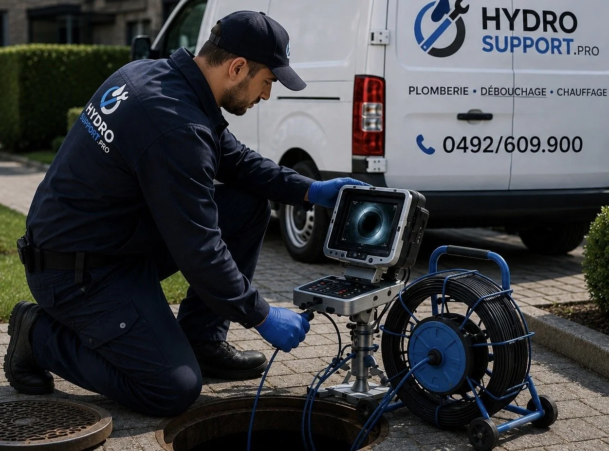Monteur controleert een waterleiding met een geavanceerde inspectiecamera boven een open rioolputje, bij een bus met het logo Hydro Support.