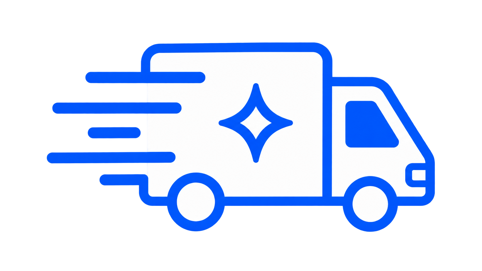 Illustratie van een vrachtwagen met een ster tussen de laadruimte, met snel bewegende lijnen ernaast die snelheid aangeven.