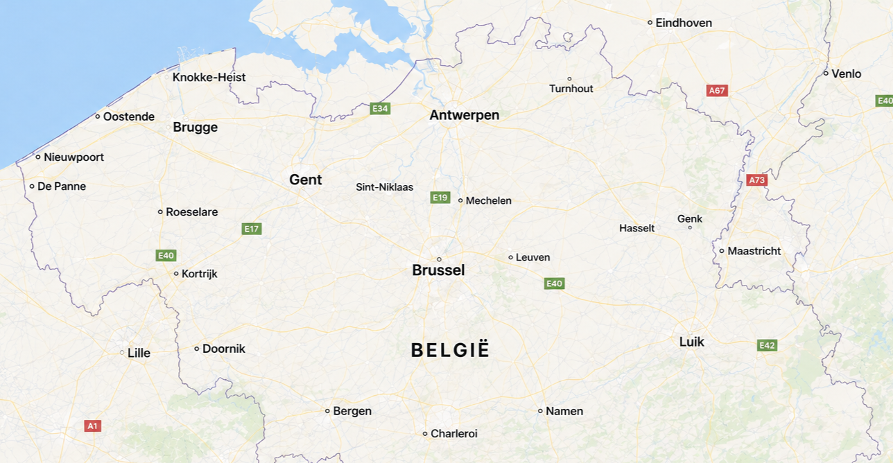 Kaart van België met steden zoals Brussel, Antwerpen, Gent, Brugge, en Leuven, en snelwegen zoals E40, E17, E19, A67, A73, en E42.