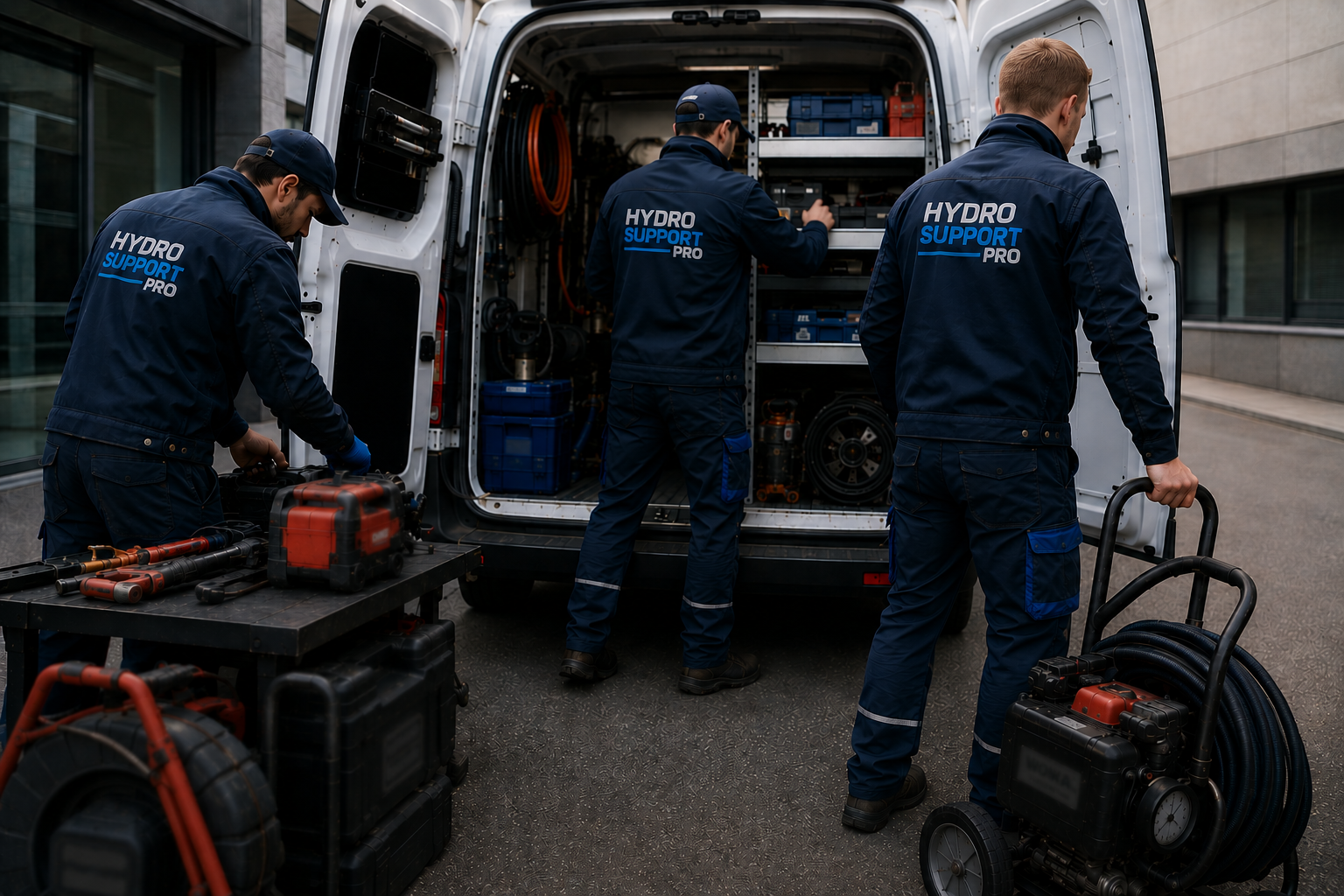 Drie technici werken aan een witte bedrijfswagen, met gereedschap en apparatuur op de werkplek.