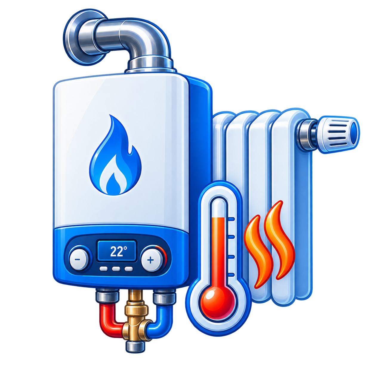 Digitale afbeelding van een gasgeiser met een thermometer en een radiator, die warmte uitstoot, ingesteld op 22 graden Celsius.