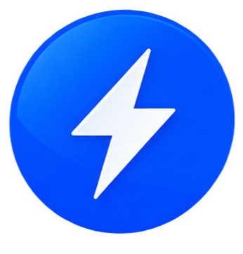 Blauwe knop met witte bliksemschicht, symbool voor snelheid of energie.