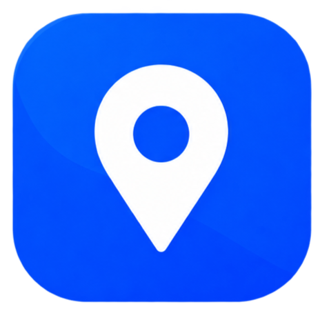 Een blauwe app-icoon met een witte locatiepin in het midden.