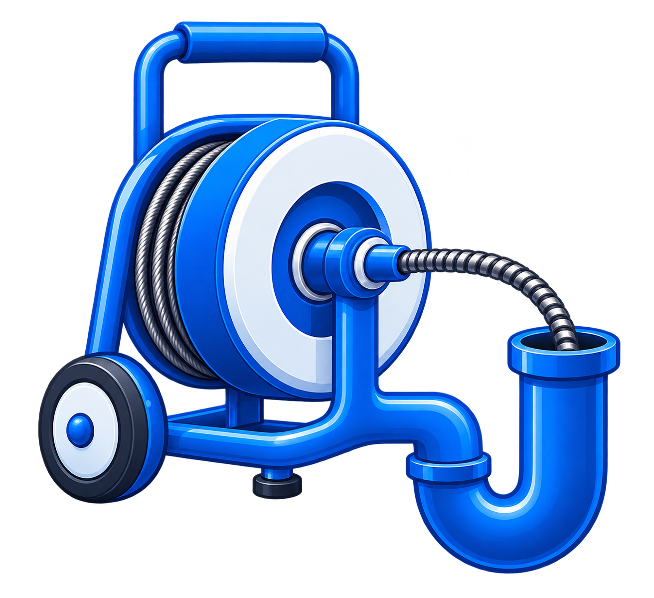 Illustratie van een blauwe waterpomp met een slang die uit de pomp stroomt.