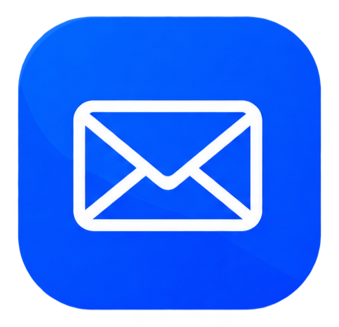 Blauwe app-icon met een wit enveloppen symbool.