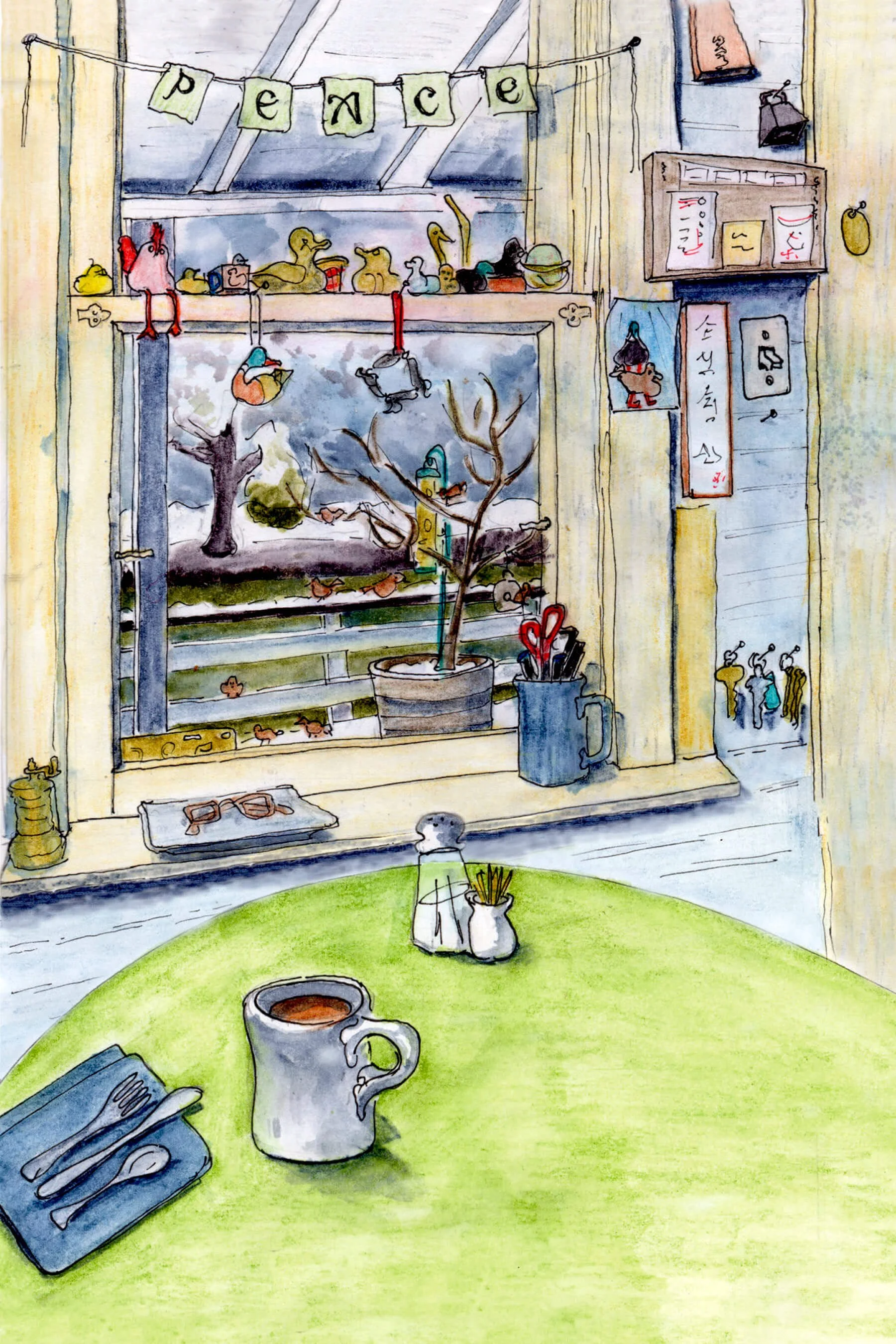 Watercolor drawing of a window & peace banner