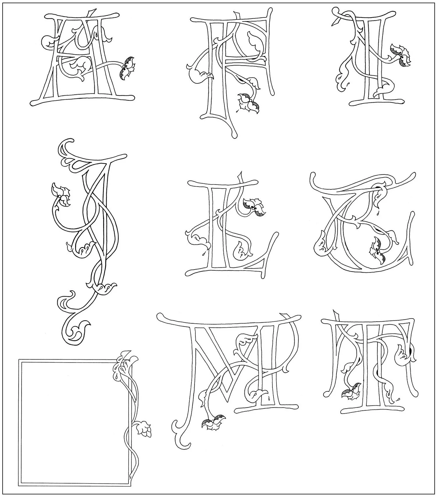 Custom calligraphy drop cap initials in black & white
