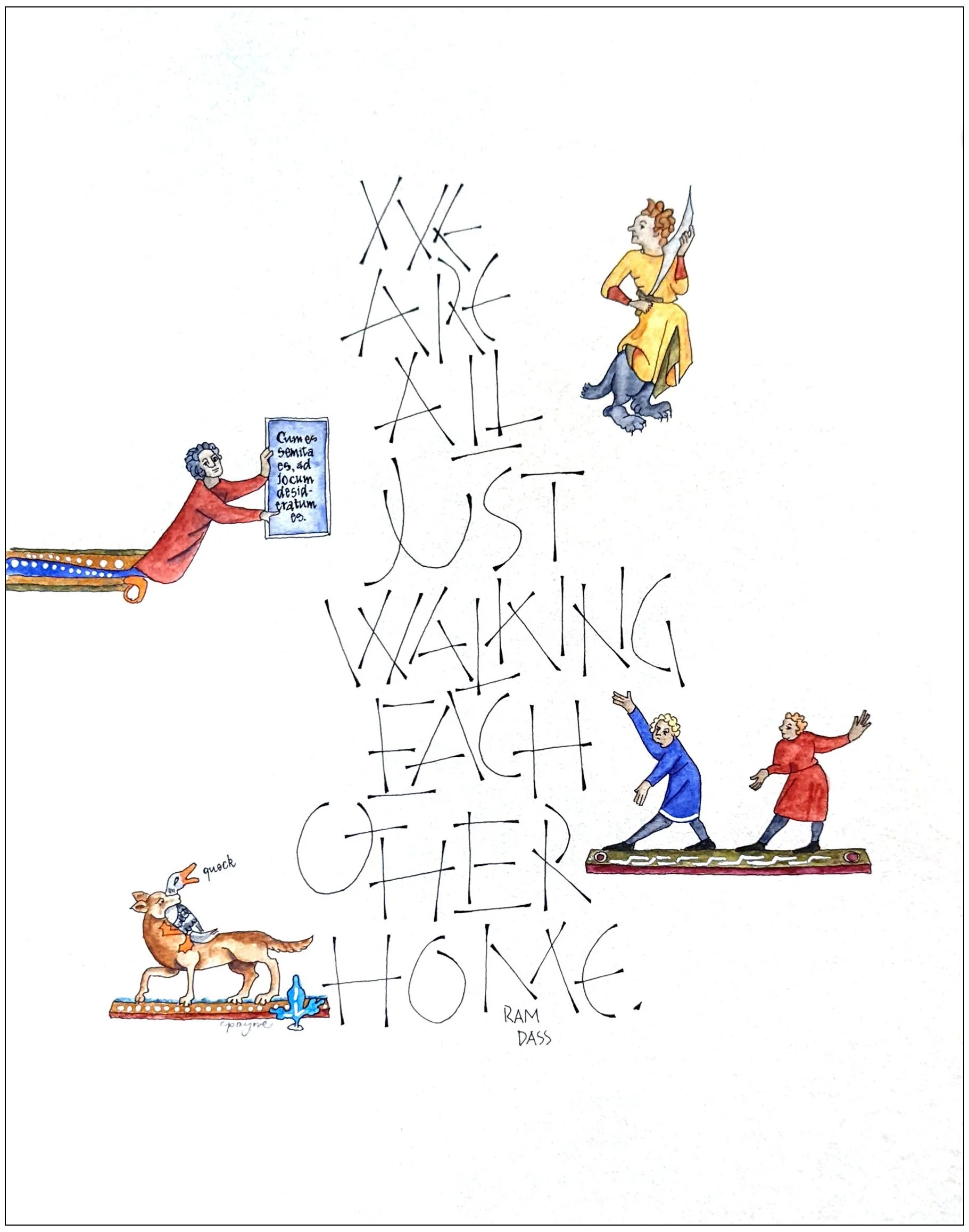 Hand-lettering quote & watercolor illustration "We are all just walking each other home"